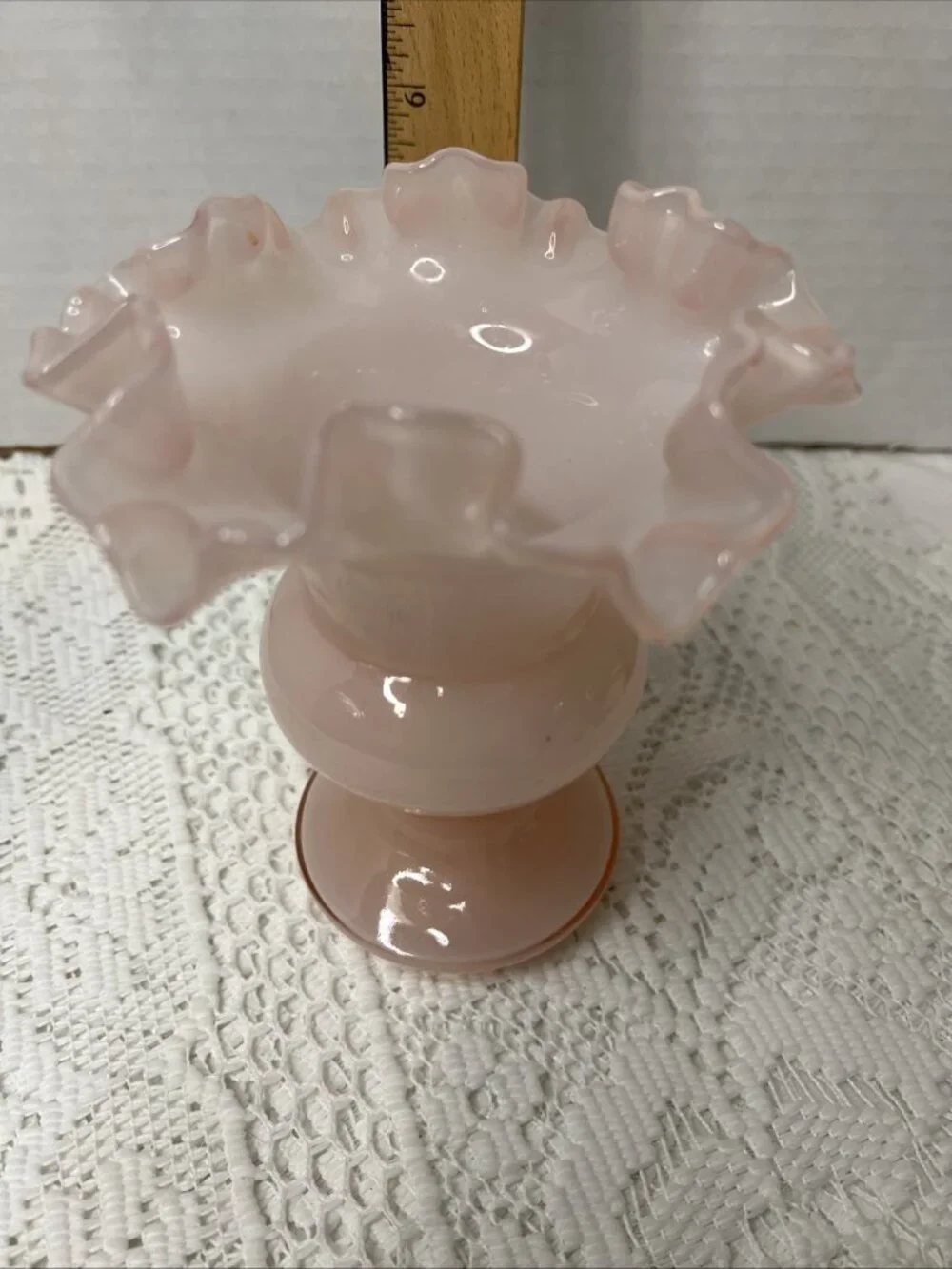 Fenton Glass Pink Melon Overlay Vase Ruffle Top 6.25